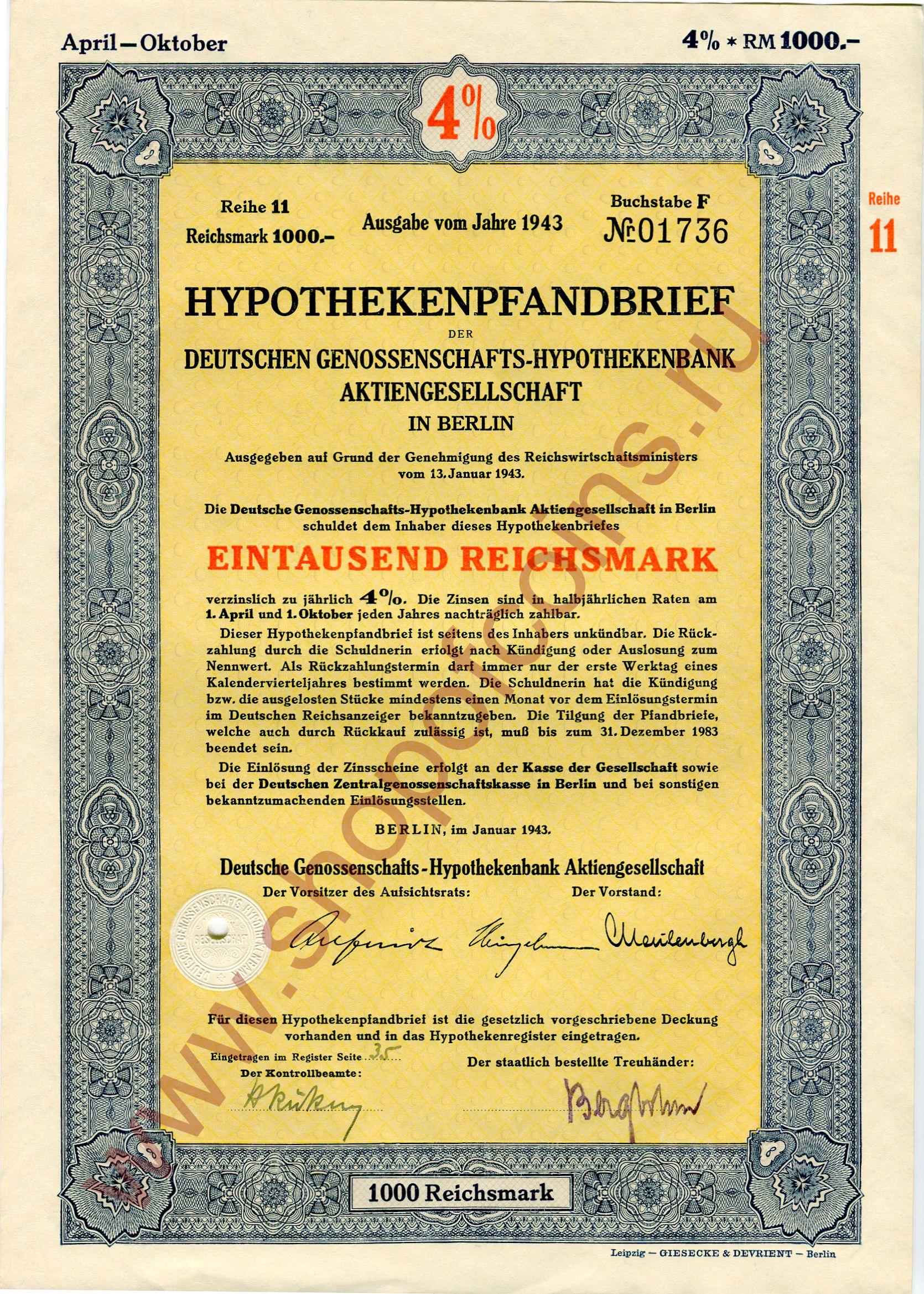 1000  1943 - Hypotekenpfandbrief ( 11)